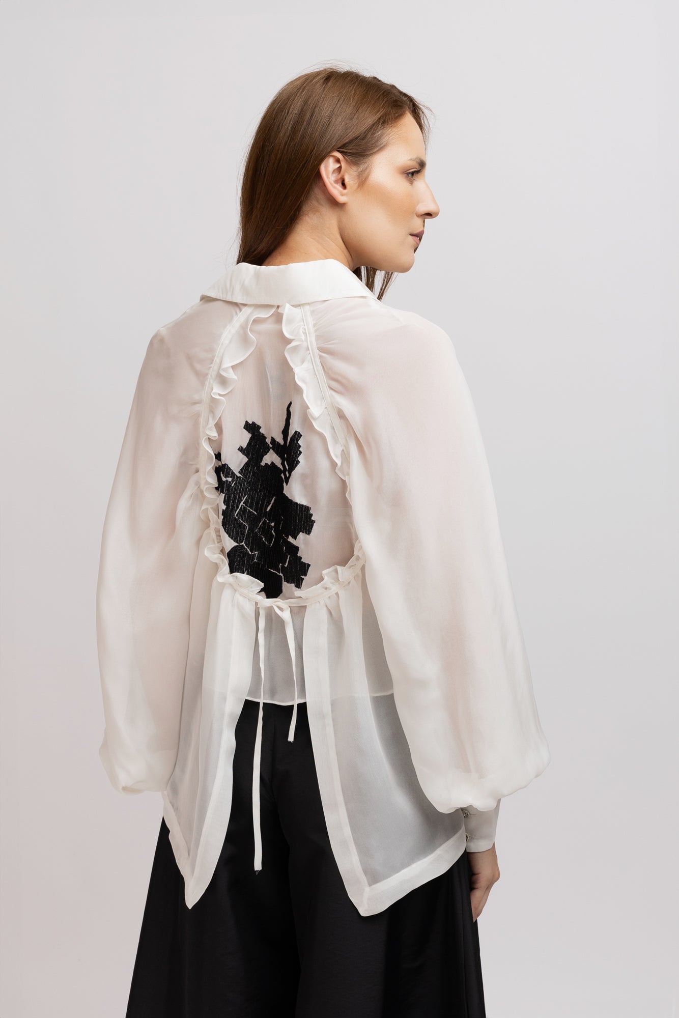 Organza shirt with ivory natural silk and floral embroidery