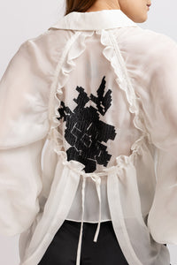 Organza shirt with ivory natural silk and floral embroidery