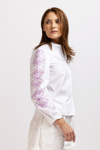 Tunic shirt with purple computer embroidery