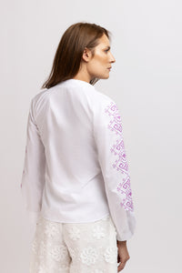 Tunic shirt with purple computer embroidery