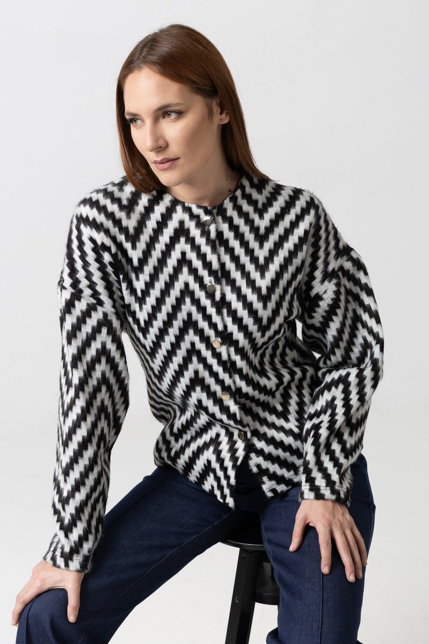 Cardigan din stofă cu motive geometrice alb/negru