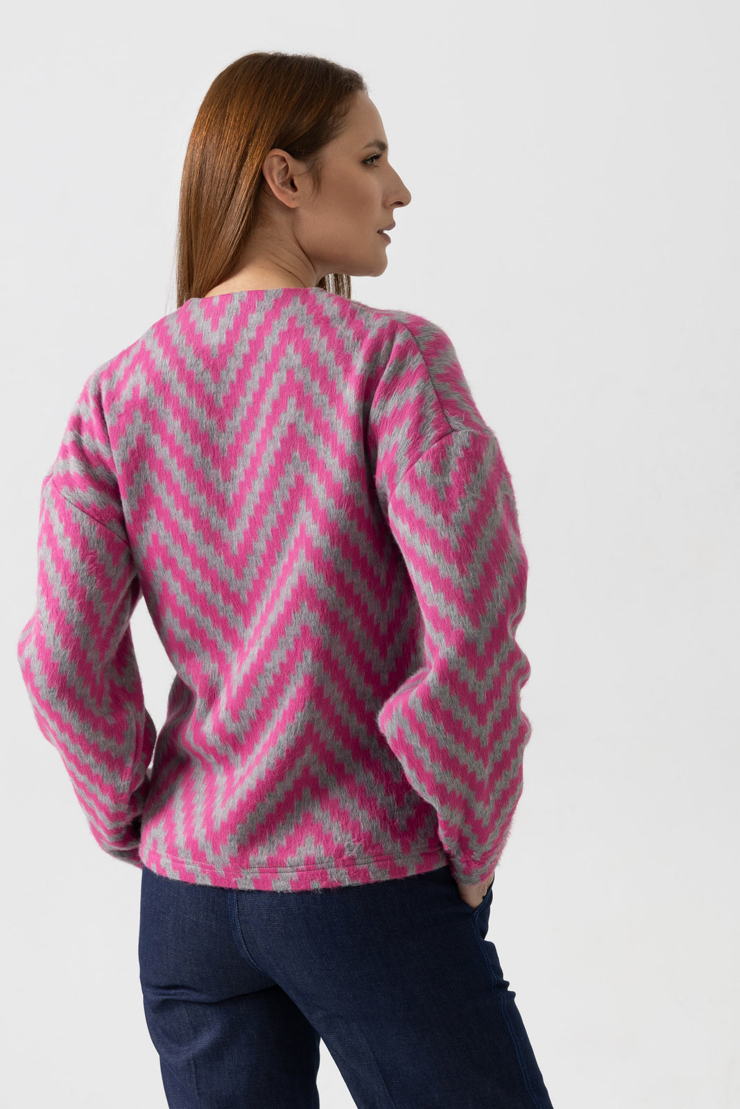 Incarca imaginea in galerie, Cardigan din stofă cu motive geometrice fucsia/gri