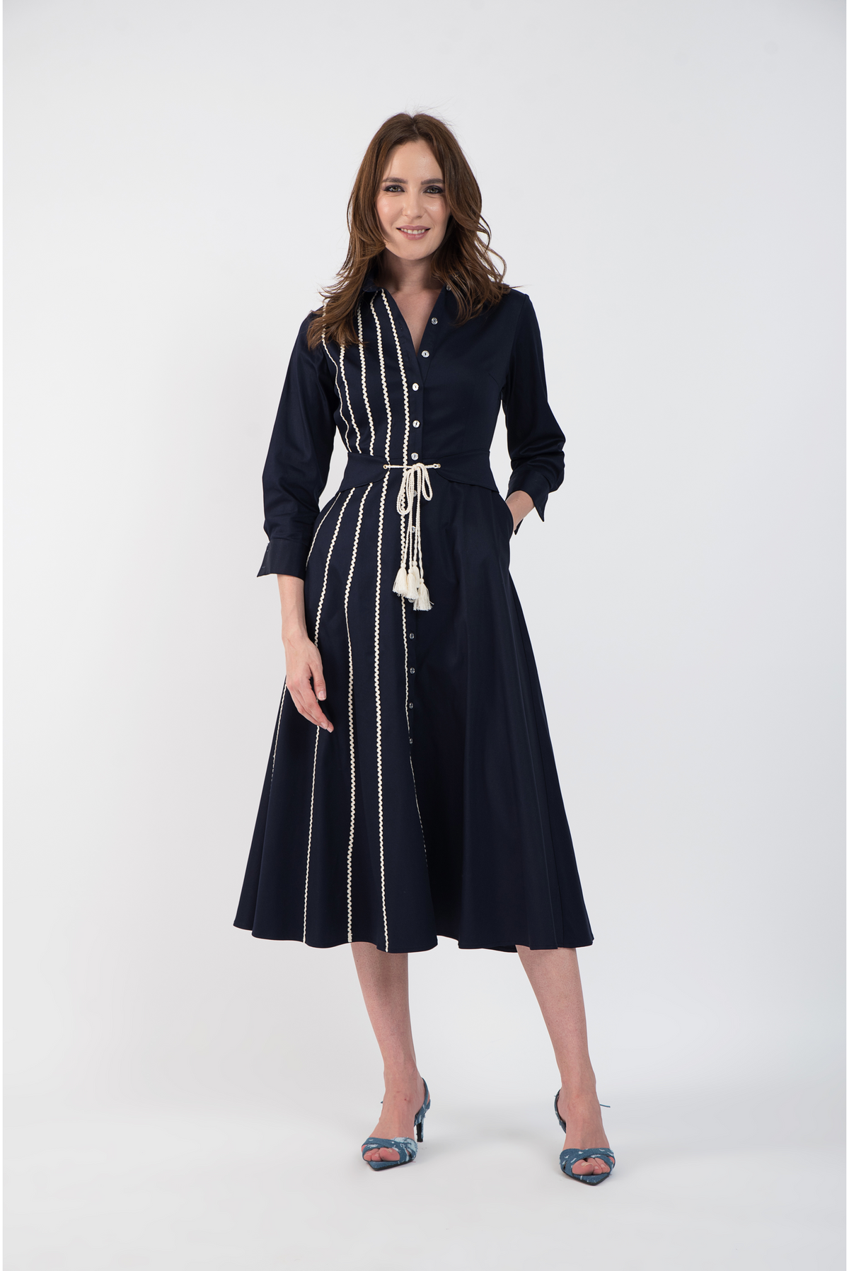 Navy blue cotton shirt dress with macrame applications