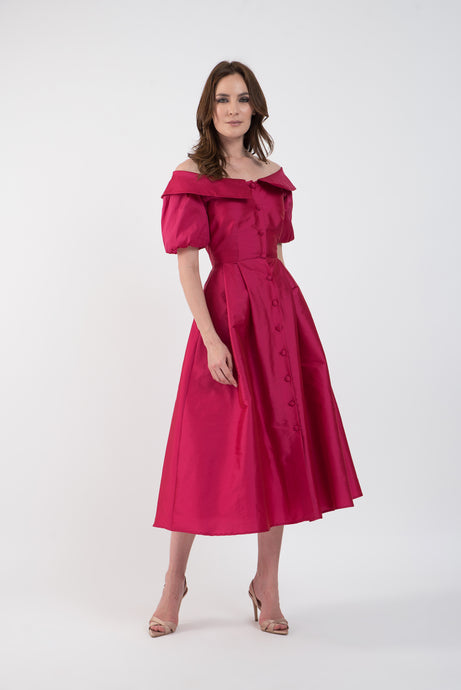 Elegant fuchsia taffeta midi dress with cut-out shoulders