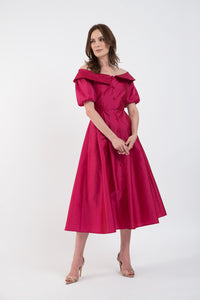 Elegant fuchsia taffeta midi dress with cut-out shoulders