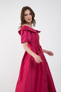 Elegant fuchsia taffeta midi dress with cut-out shoulders