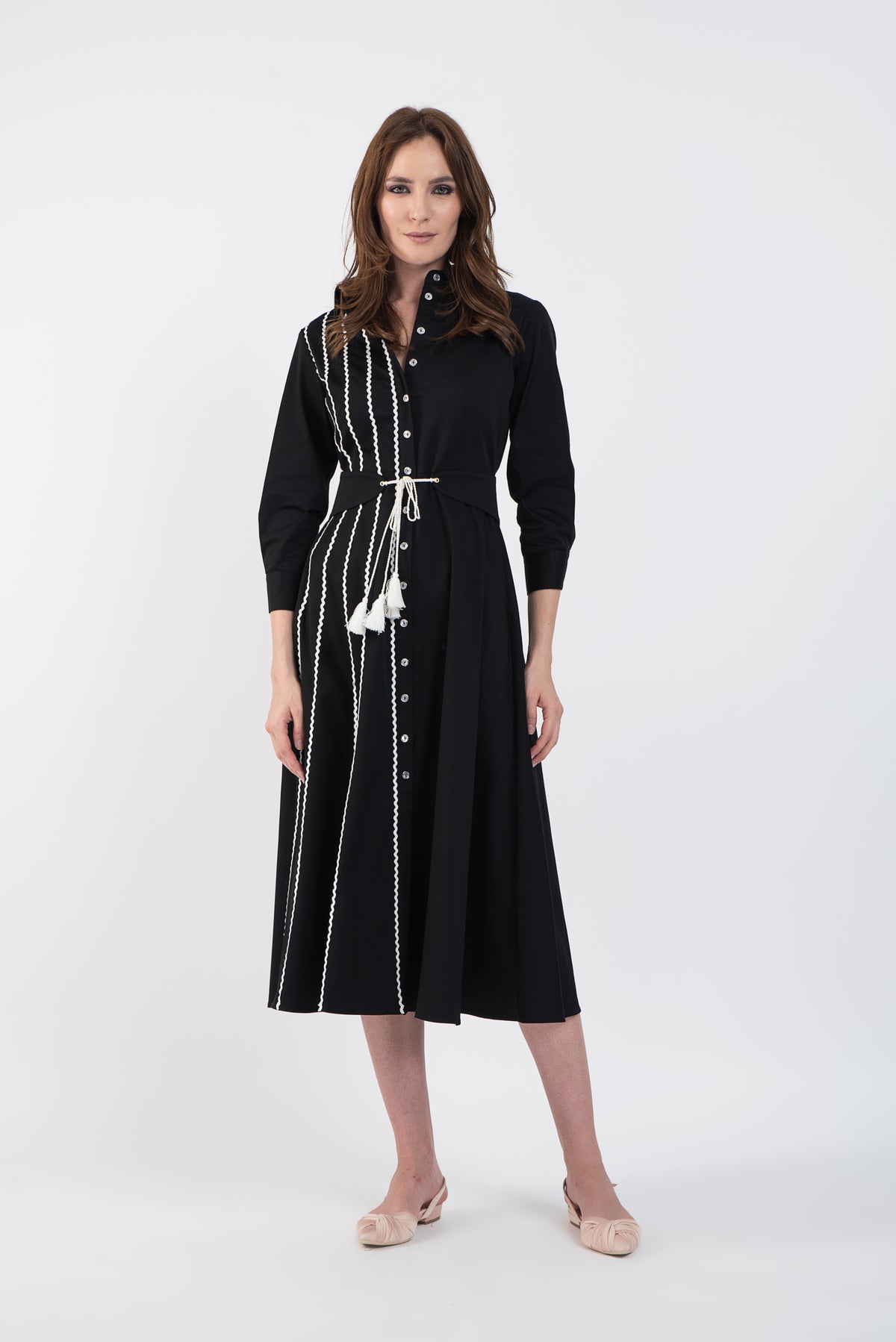 Black cotton shirt dress with white macrame applications
