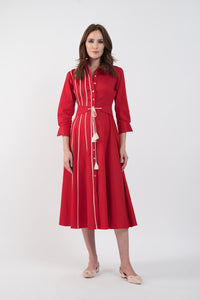 Dark red cotton shirt dress with macrame applications