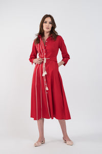 Dark red cotton shirt dress with macrame applications