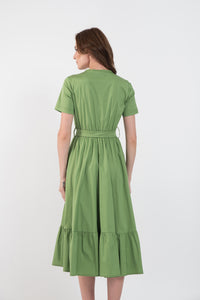 Rochie midi din bumbac verde crud cu maneca scurta si cordon in talie