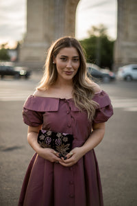 Elegant purple taffeta midi dress with cut-out shoulders