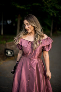 Elegant purple taffeta midi dress with cut-out shoulders