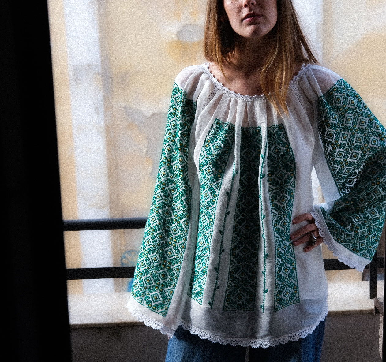 Load image into Gallery viewer, Traditional ie inspired blouse hand-stitched with black thread on silk marquisette