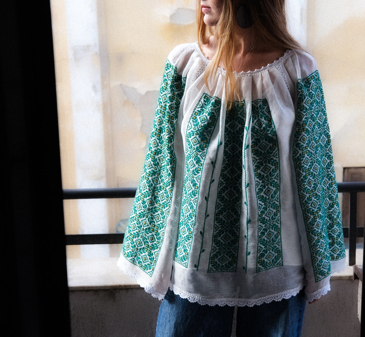 Load image into Gallery viewer, Traditional ie inspired blouse hand-stitched with black thread on silk marquisette