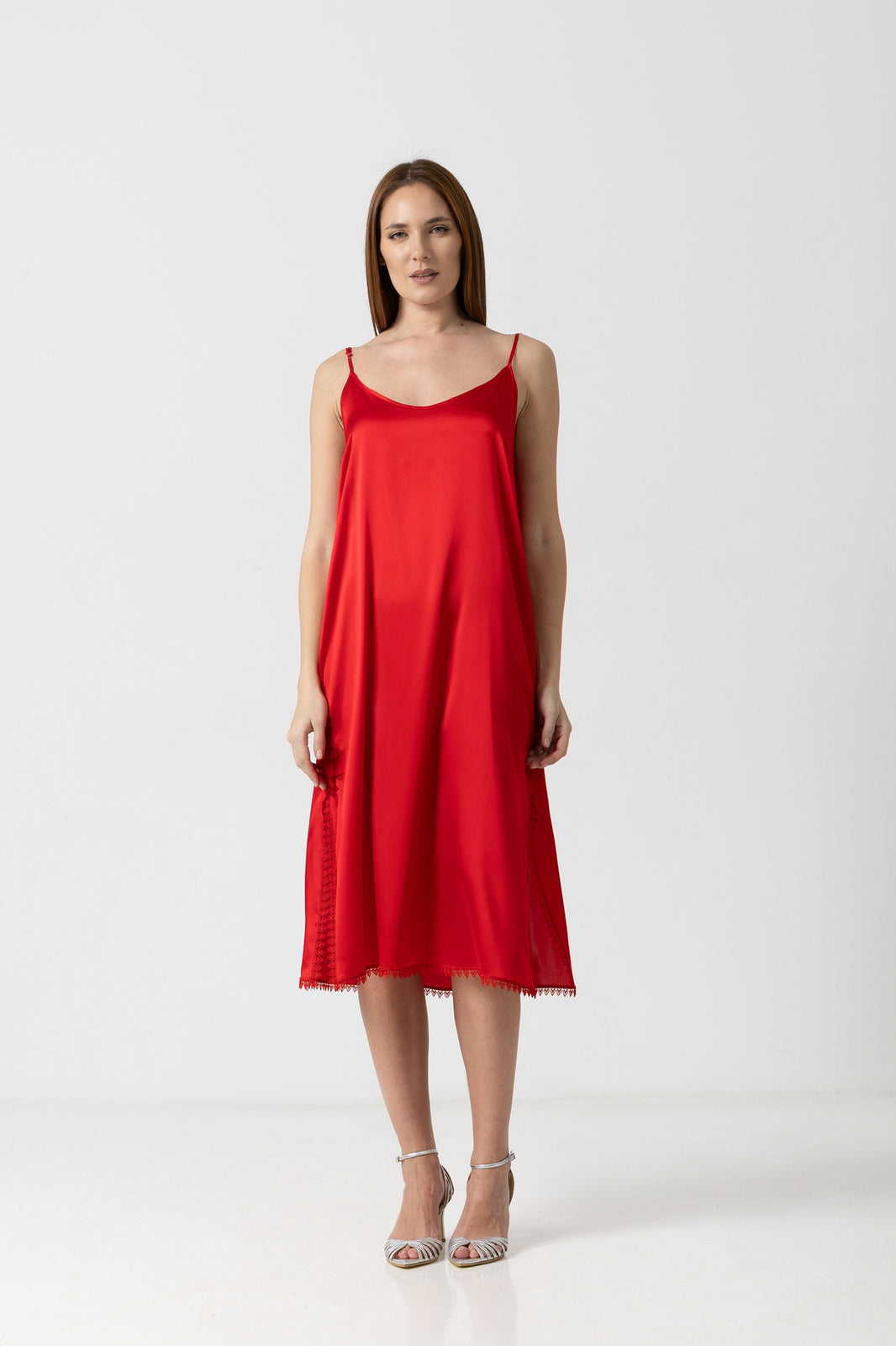 Incarca imaginea in galerie, Furou rosu lung din matase naturala si dantela chantily