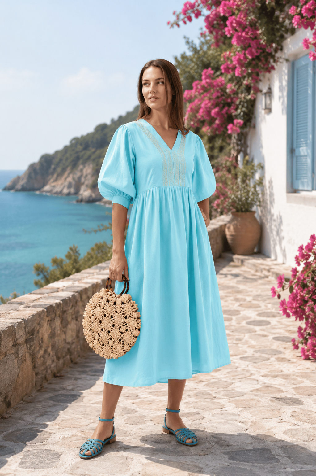 Incarca imaginea in galerie, Rochie Midi Bleu Aqua cu Mâneci Bufante și Inserții din Dantelă de Bumbac