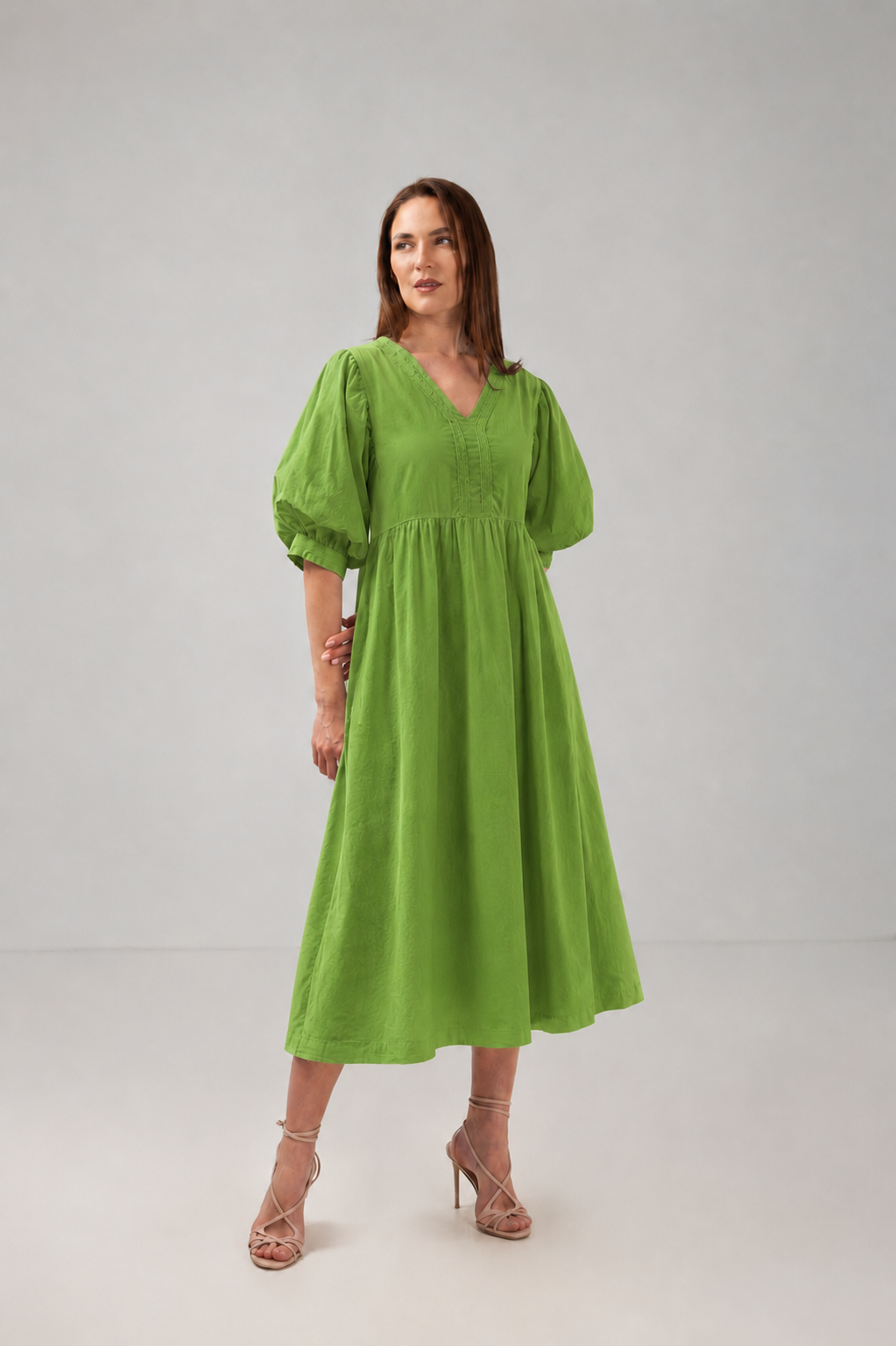 Incarca imaginea in galerie, Rochie Midi Verde cu Mâneci Bufante și Decolteu în V
