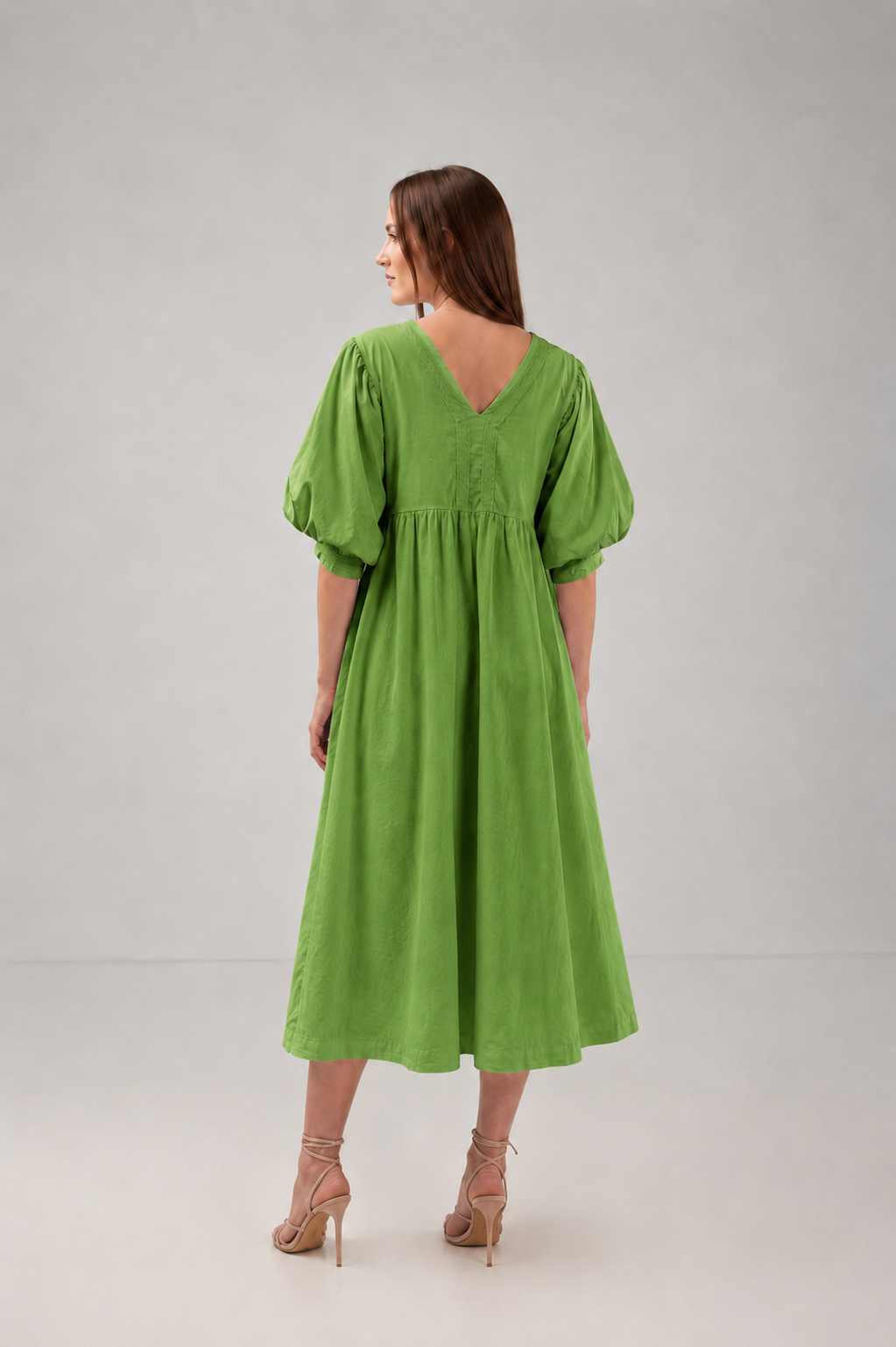 Incarca imaginea in galerie, Rochie Midi Verde cu Mâneci Bufante și Decolteu în V