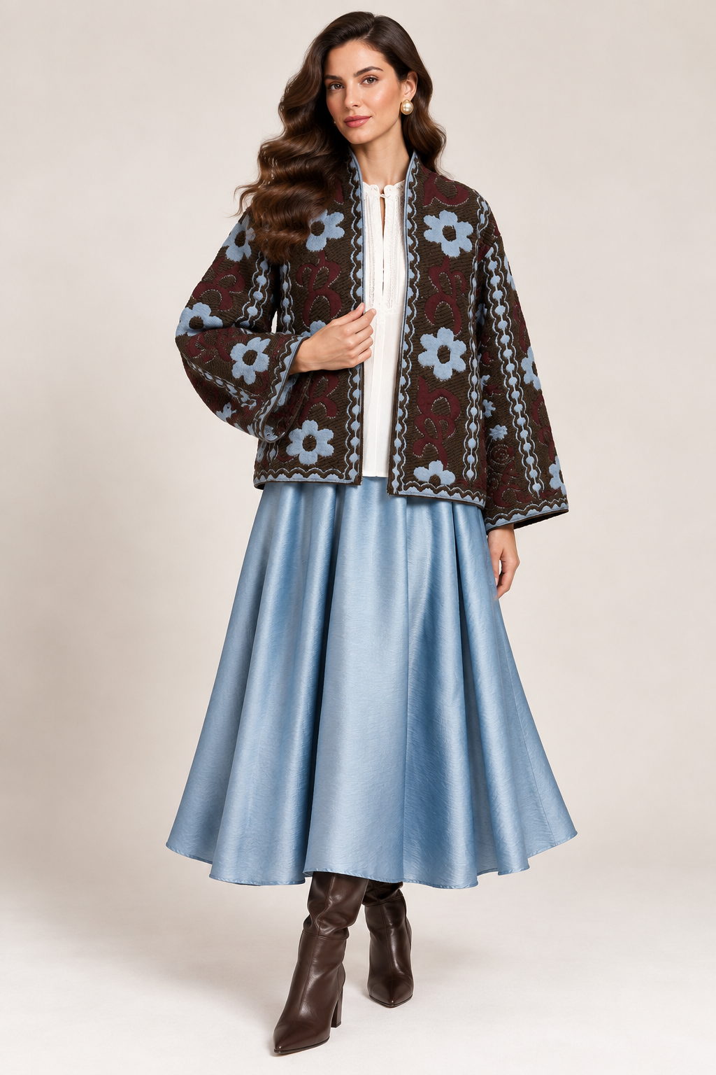 Incarca imaginea in galerie, Jachetă Tricotată Maro cu Motive Florale Bleu și Burgundy
