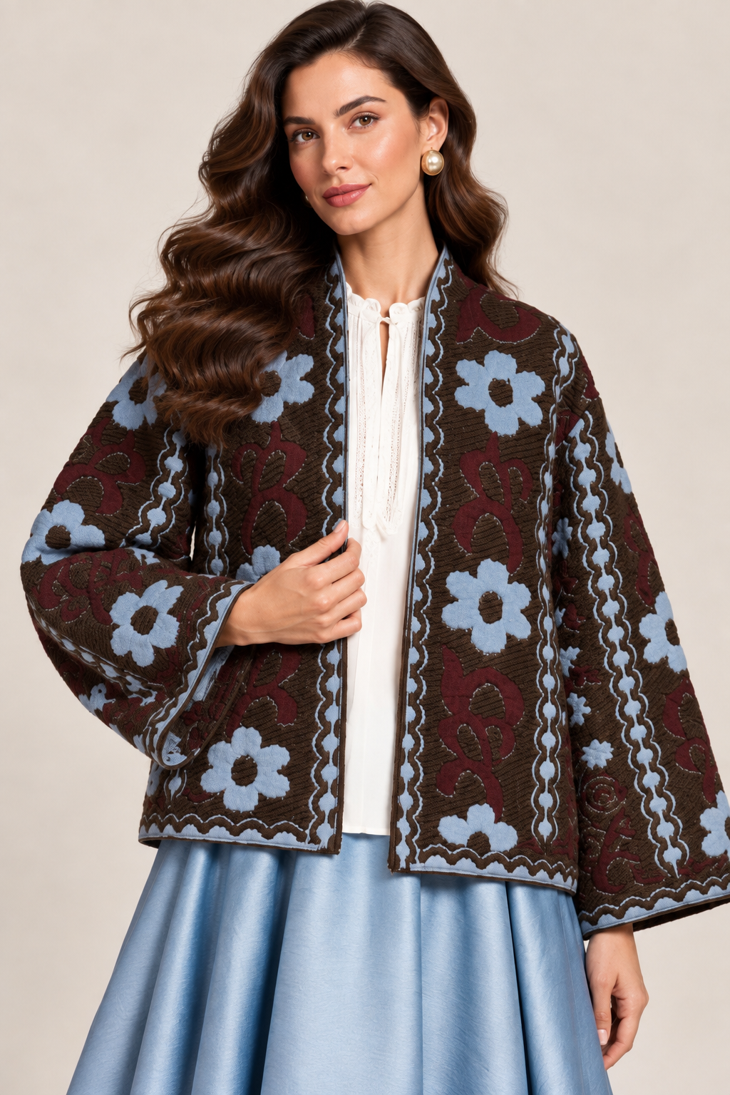 Incarca imaginea in galerie, Jachetă Tricotată Maro cu Motive Florale Bleu și Burgundy