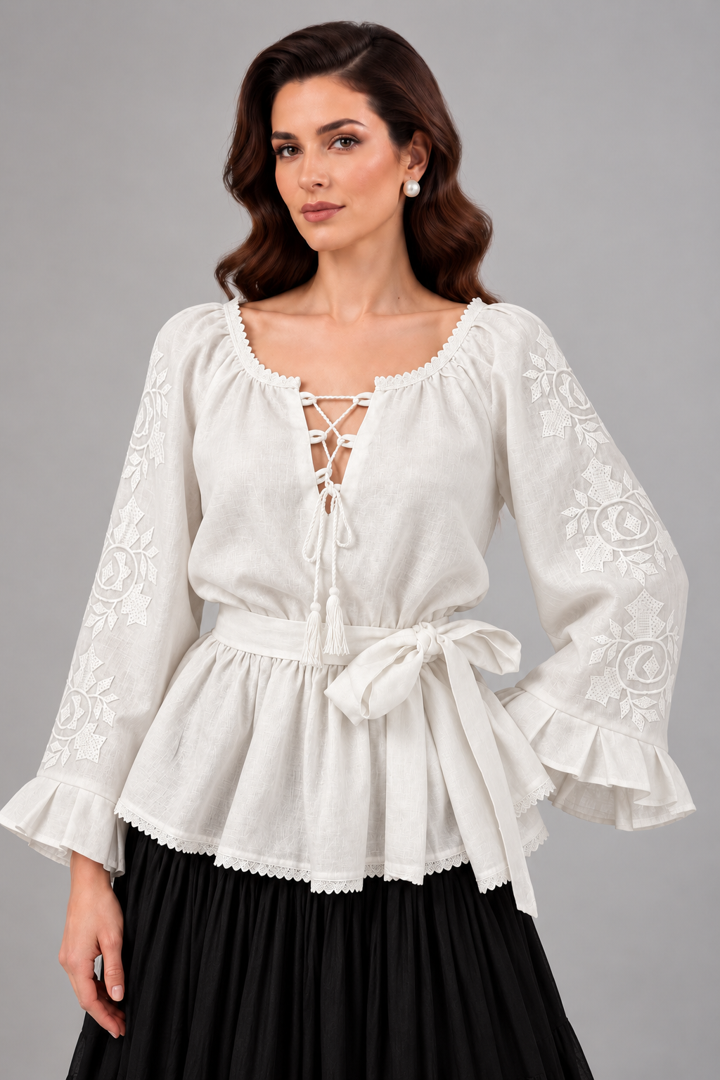 Load image into Gallery viewer, Cream computer-embroidered linen blouse with elastic waist