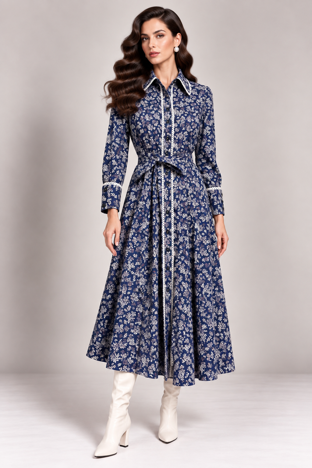 Load image into Gallery viewer, Rochie-Cămașă Midi Bleumarin cu Imprimeu Floral și Detalii Albe