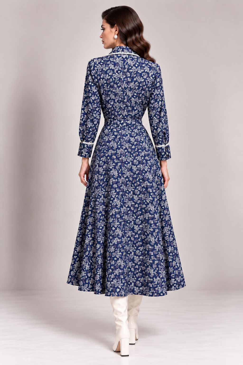 Load image into Gallery viewer, Rochie-Cămașă Midi Bleumarin cu Imprimeu Floral și Detalii Albe