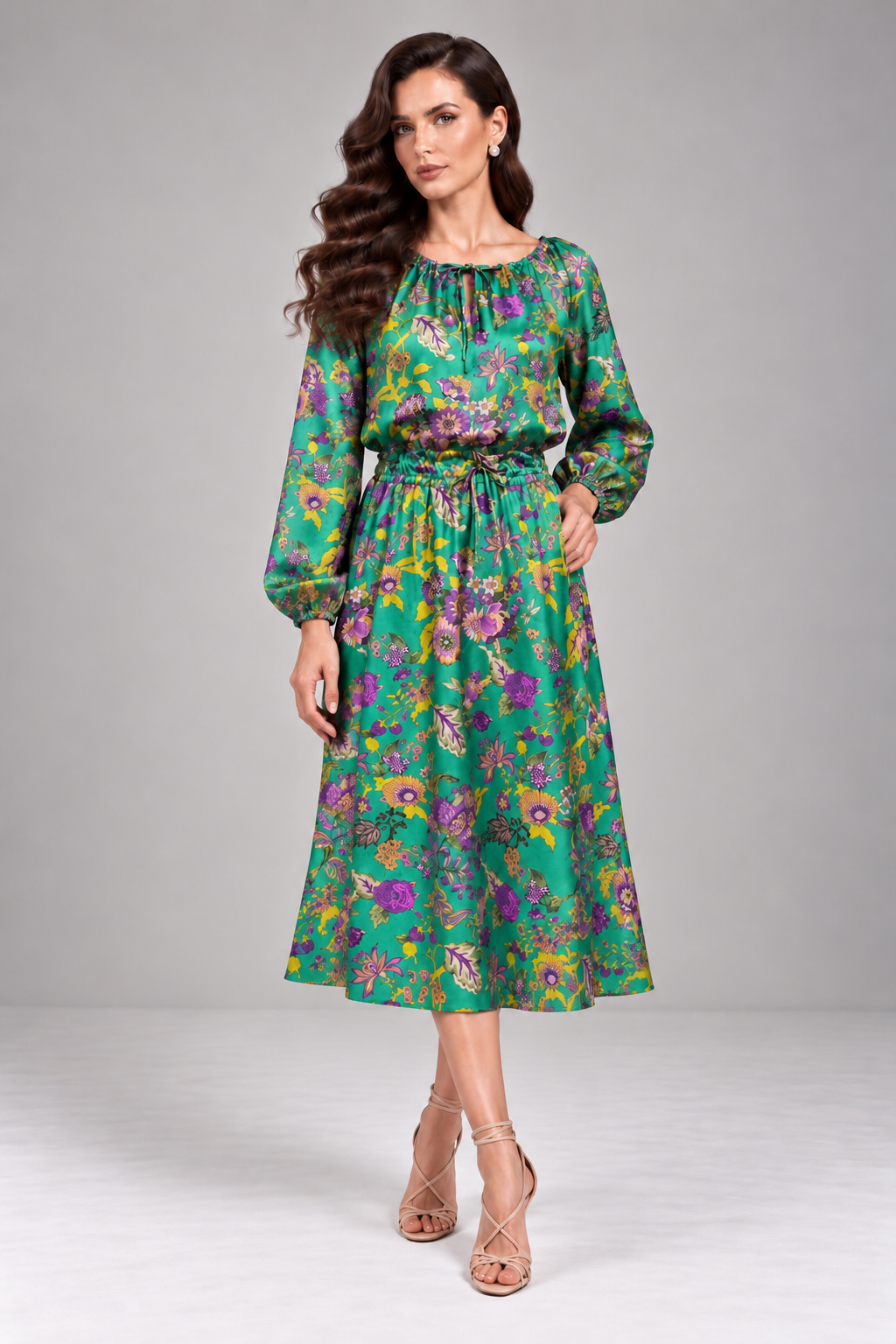 Load image into Gallery viewer, Rochie Midi Verde cu Imprimeu Floral Multicolor