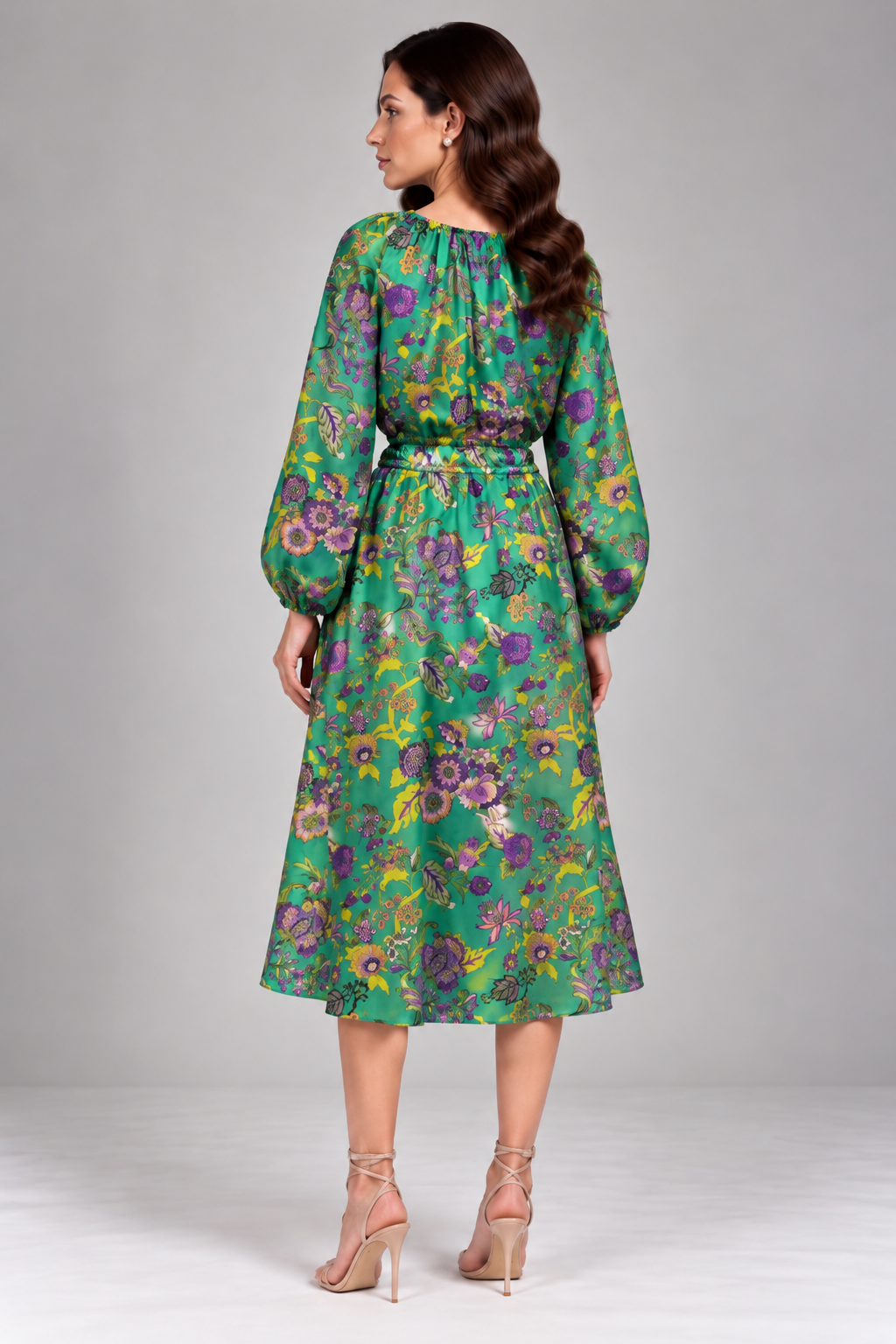 Load image into Gallery viewer, Rochie Midi Verde cu Imprimeu Floral Multicolor