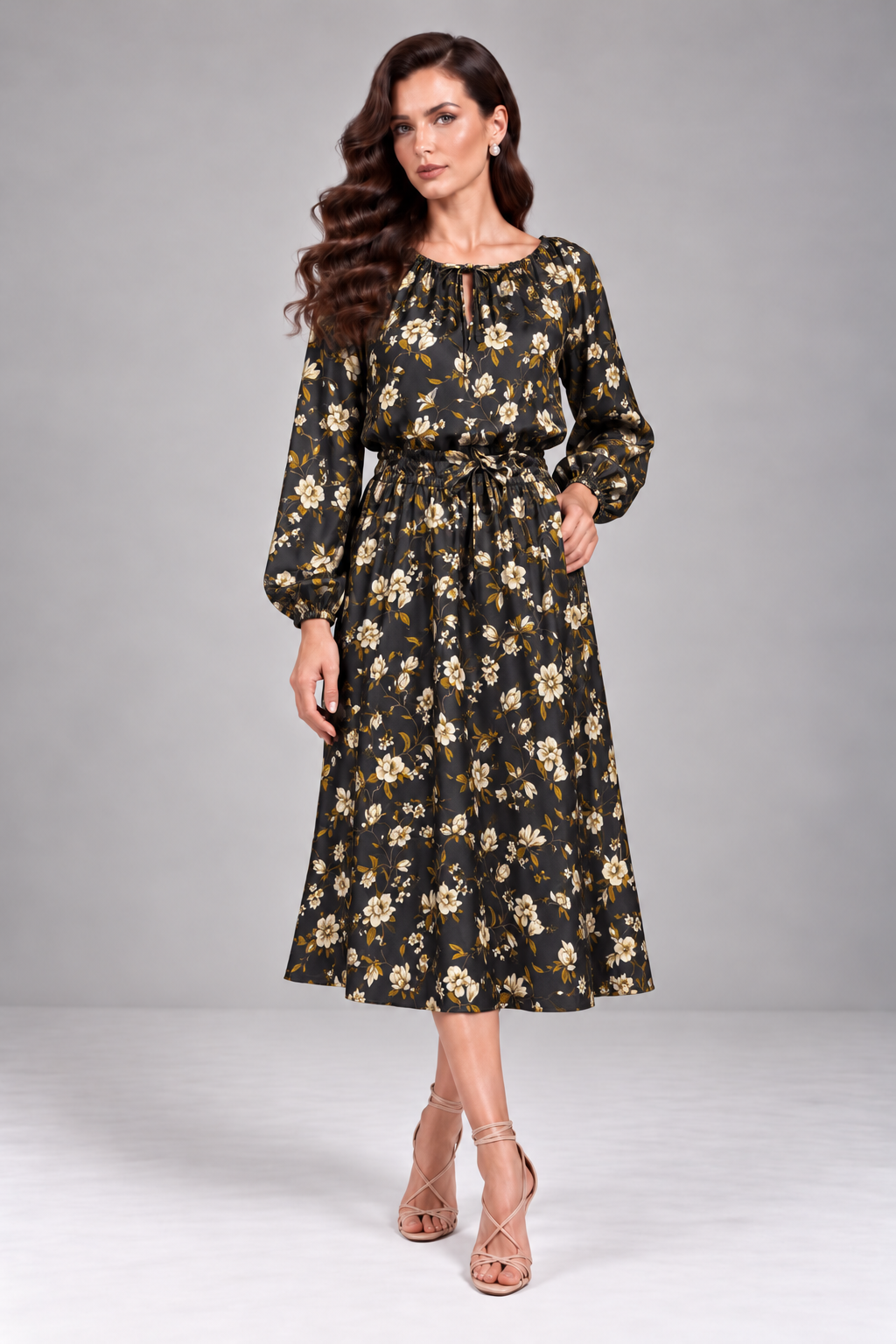 Load image into Gallery viewer, Rochie Midi Neagră cu Imprimeu Floral Ivoar