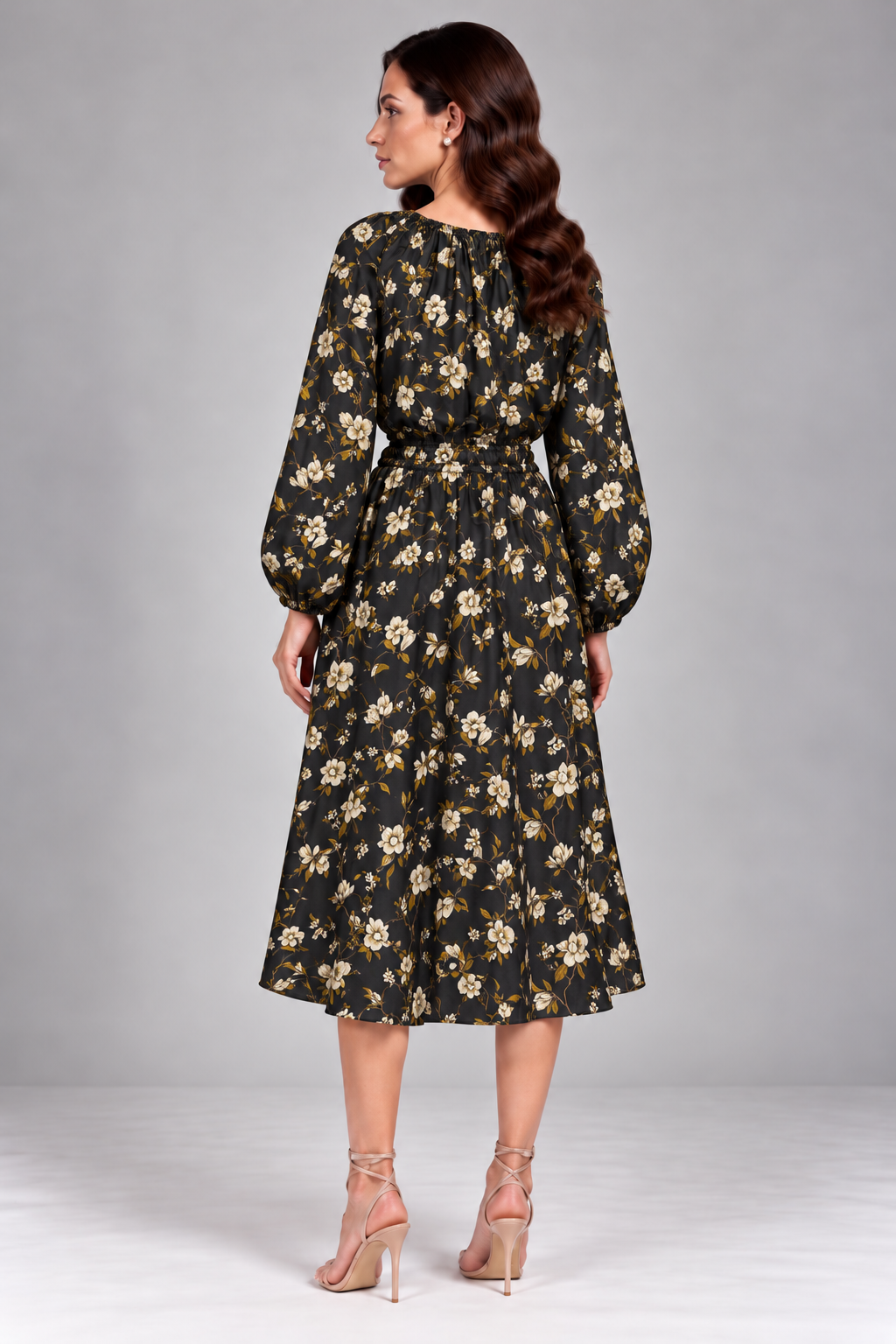 Load image into Gallery viewer, Rochie Midi Neagră cu Imprimeu Floral Ivoar