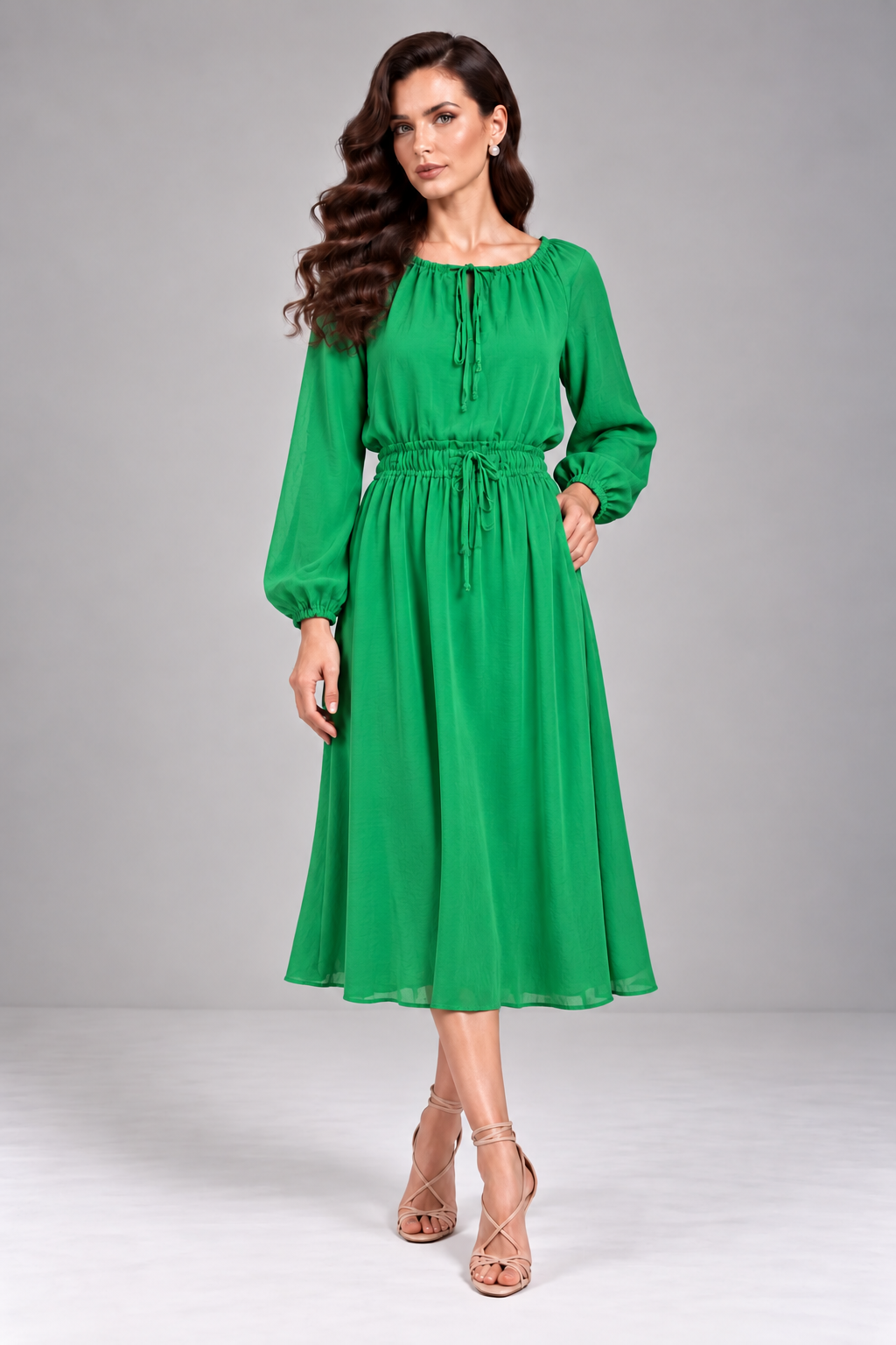 Load image into Gallery viewer, Rochie Midi Verde Smarald cu Talie Elastică și Șnur