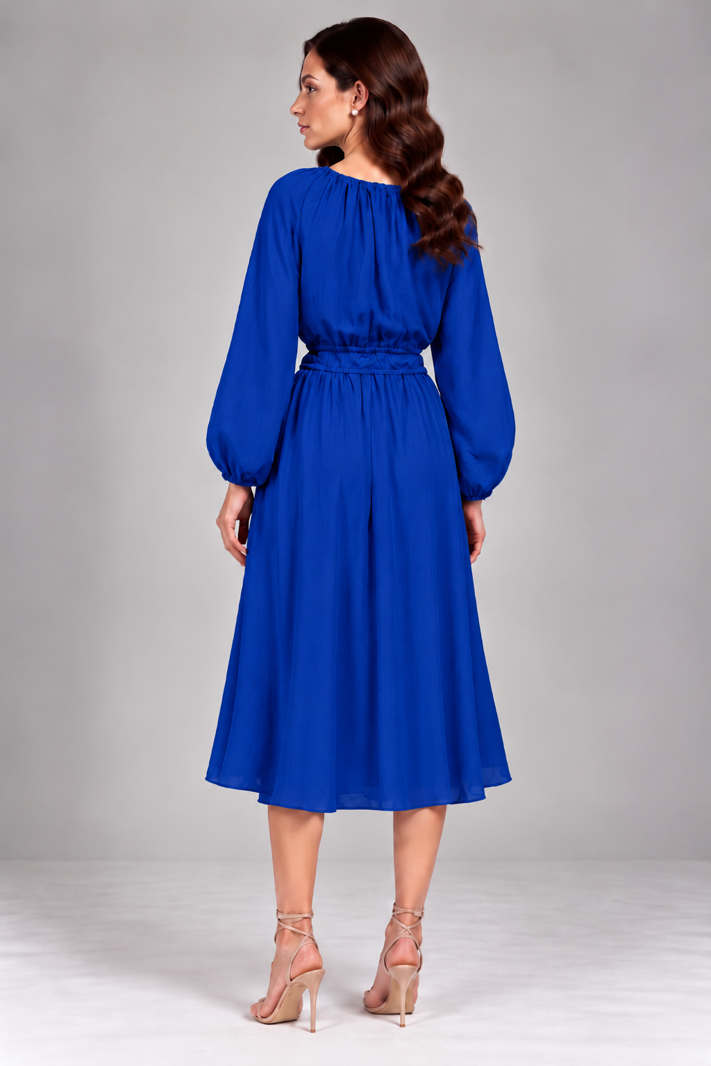 Load image into Gallery viewer, Rochie Midi Albastru Regal cu Talie Elastică și Șnur