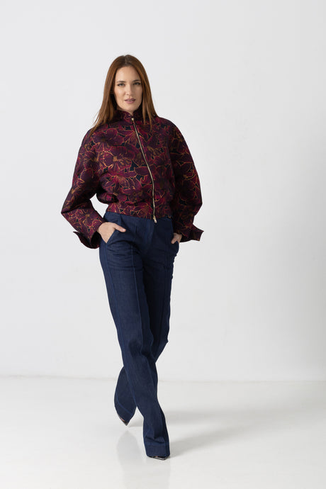 Jacheta tip bomber din brocart in nuante tomnatice
