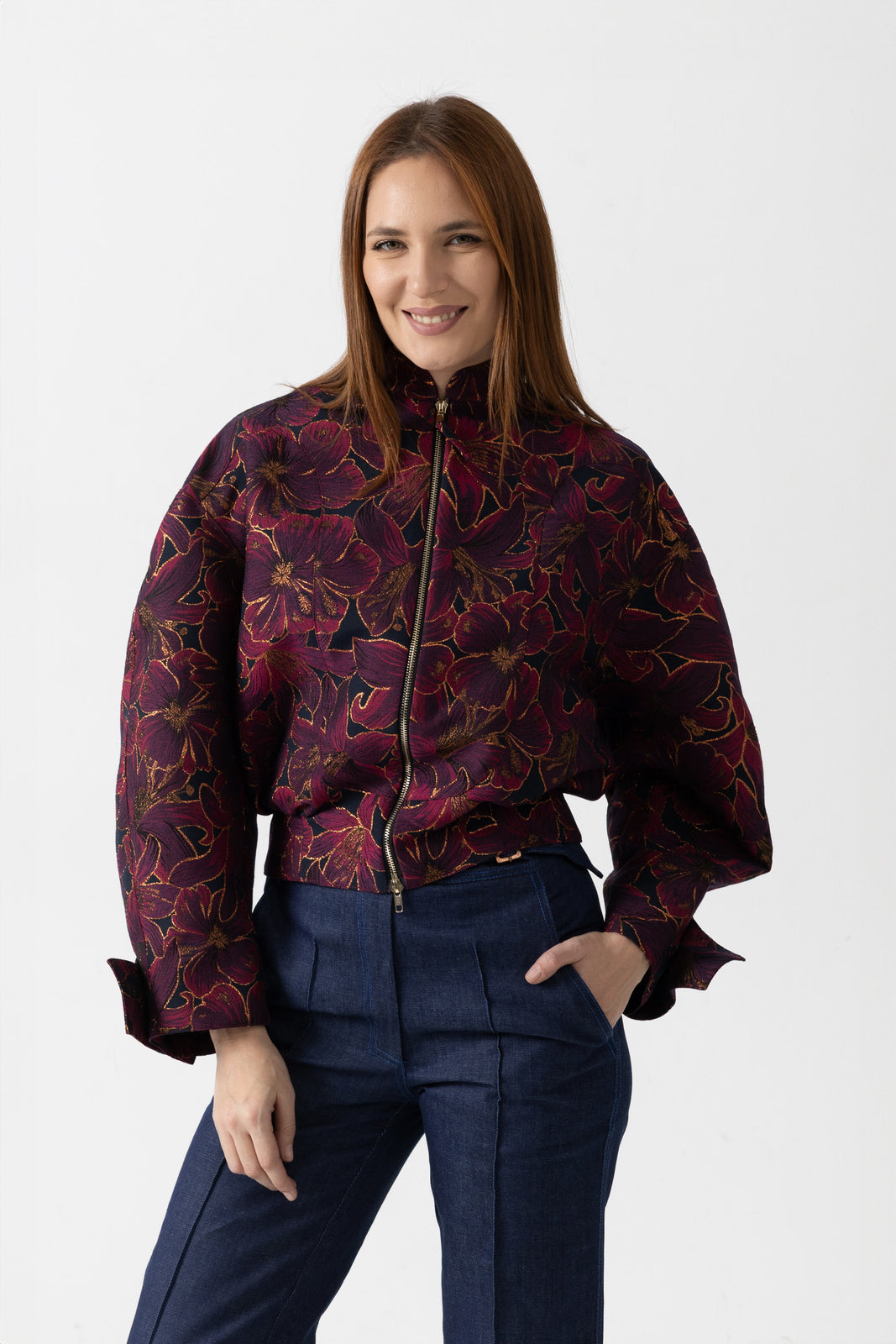 Incarca imaginea in galerie, Jacheta tip bomber din brocart in nuante tomnatice