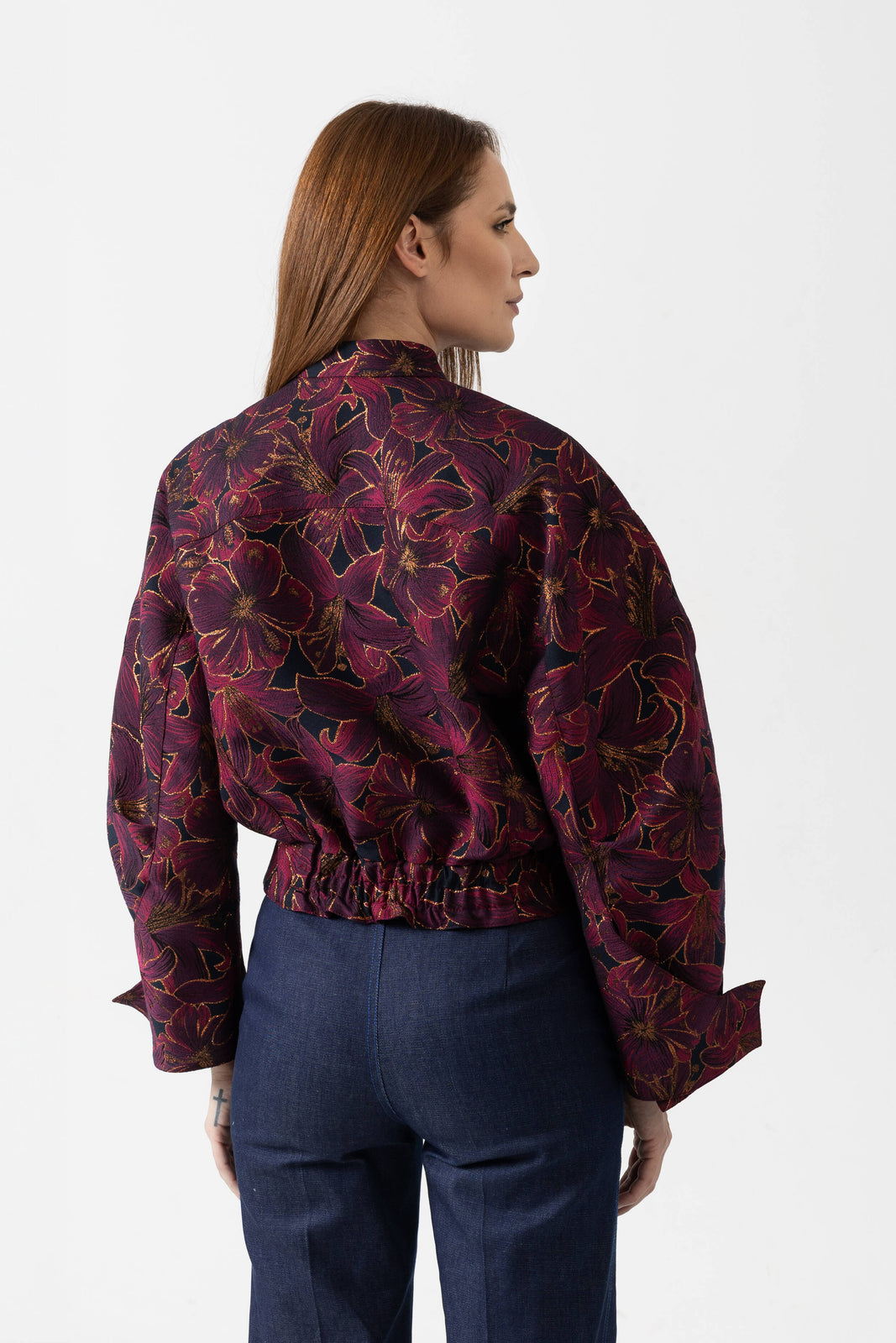 Incarca imaginea in galerie, Jacheta tip bomber din brocart in nuante tomnatice