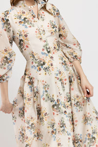 Rochie din bumbac fin bej cu flori colorate
