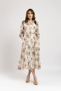 Rochie din bumbac fin bej cu flori colorate