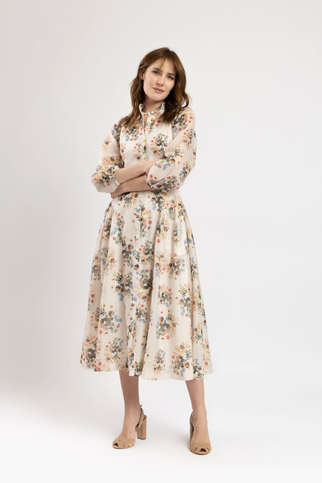 Rochie din bumbac fin bej cu flori colorate