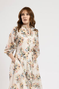 Rochie din bumbac fin bej cu flori colorate