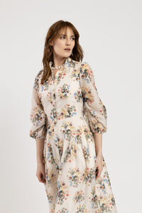 Rochie din bumbac fin bej cu flori colorate