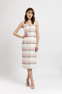 Multicolor embroidered broken cotton midi dress
