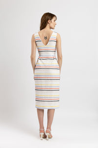 Multicolor embroidered broken cotton midi dress