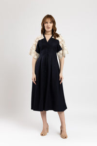Rochie din in bleumarin si macrame ivoar