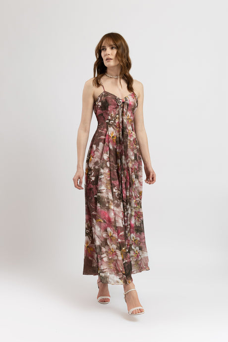 Rochie lunga in clini din voal cu imprimeu floral