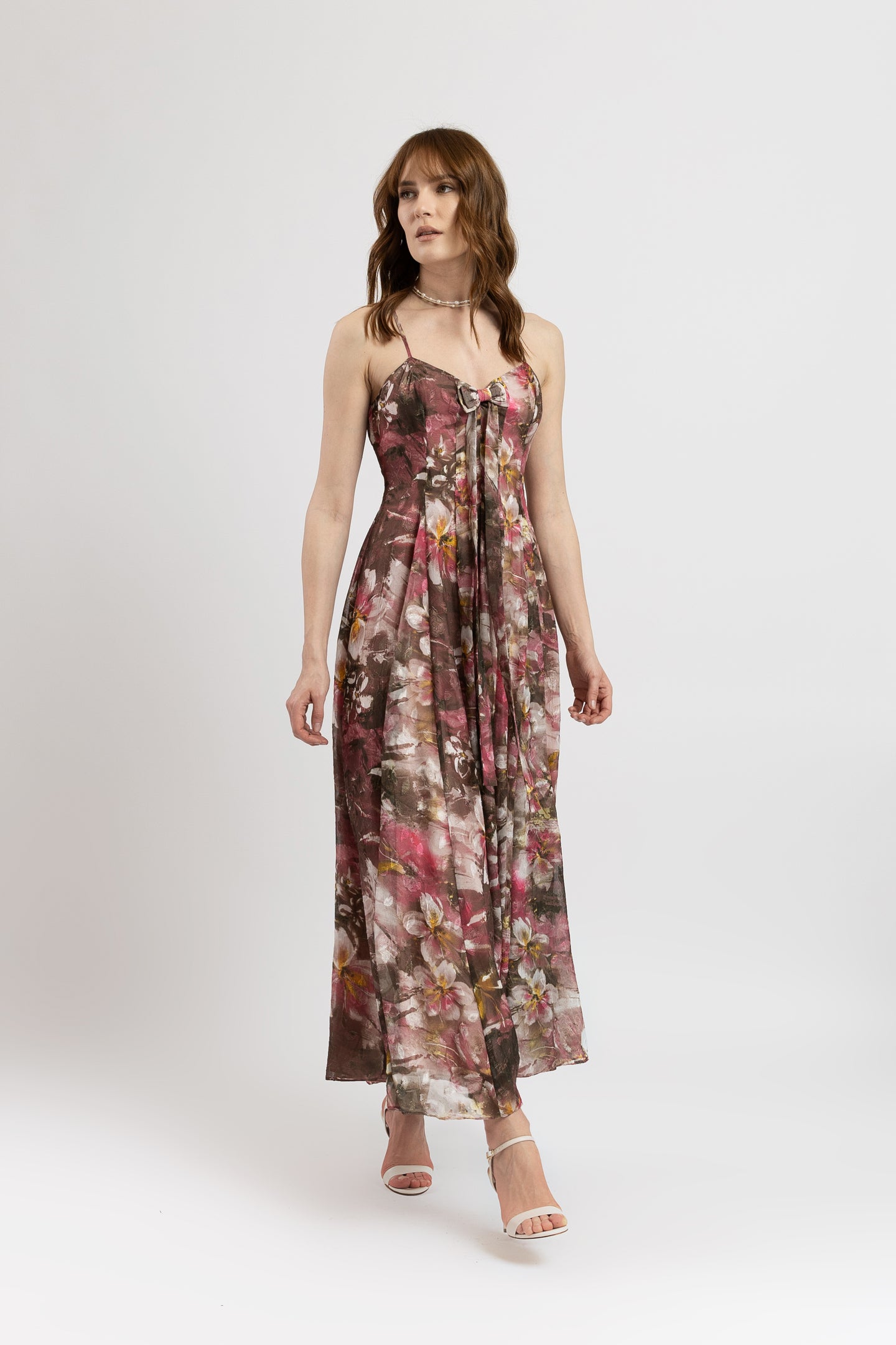 Rochie lunga in clini din voal cu imprimeu floral