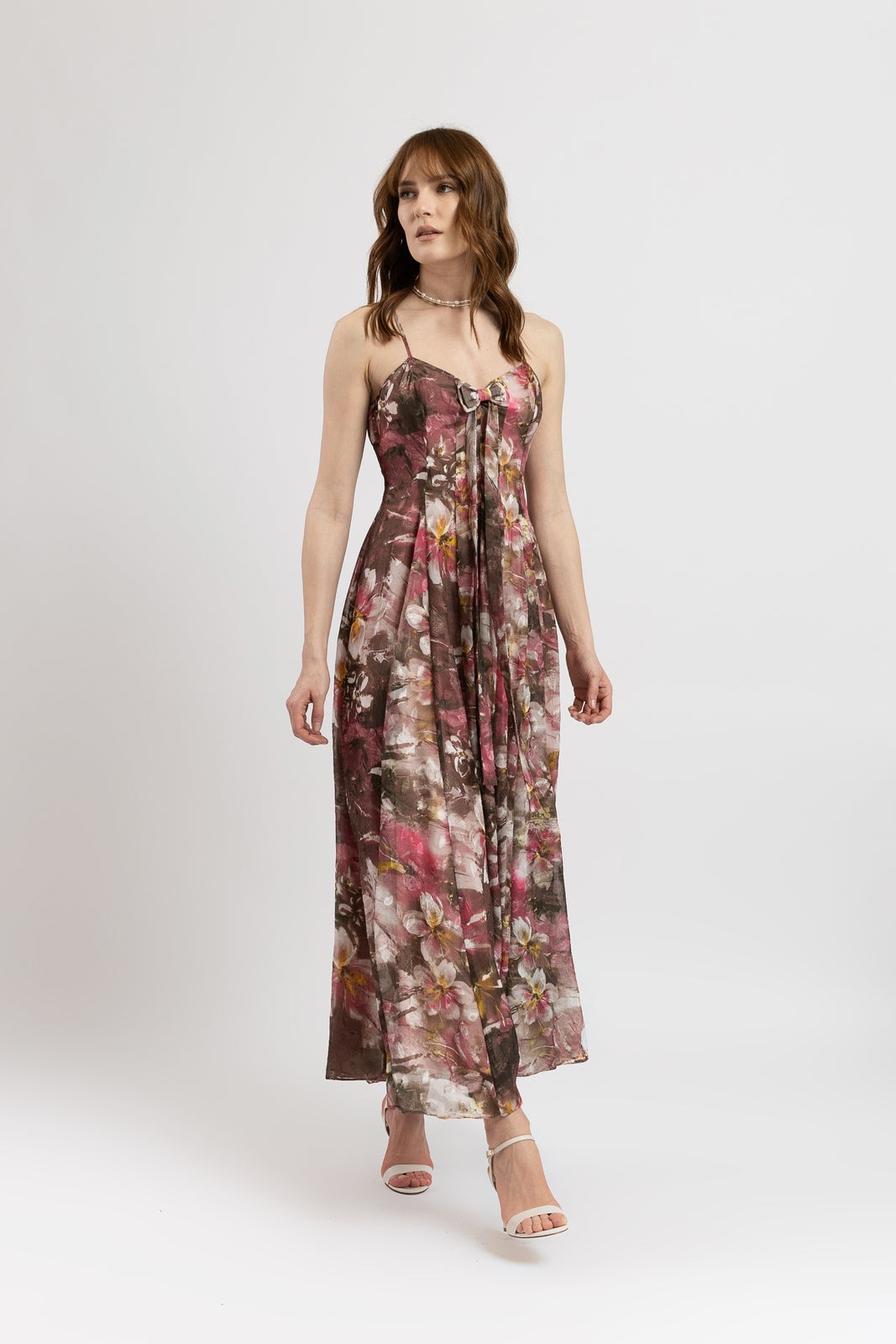 Incarca imaginea in galerie, Rochie lunga in clini din voal cu imprimeu floral