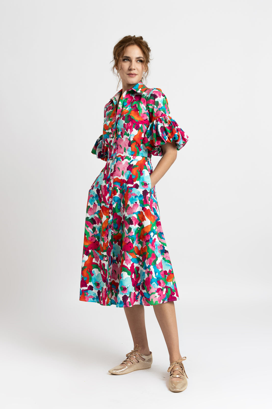 Incarca imaginea in galerie, Rochie midi cu imprimeu floral multicolor