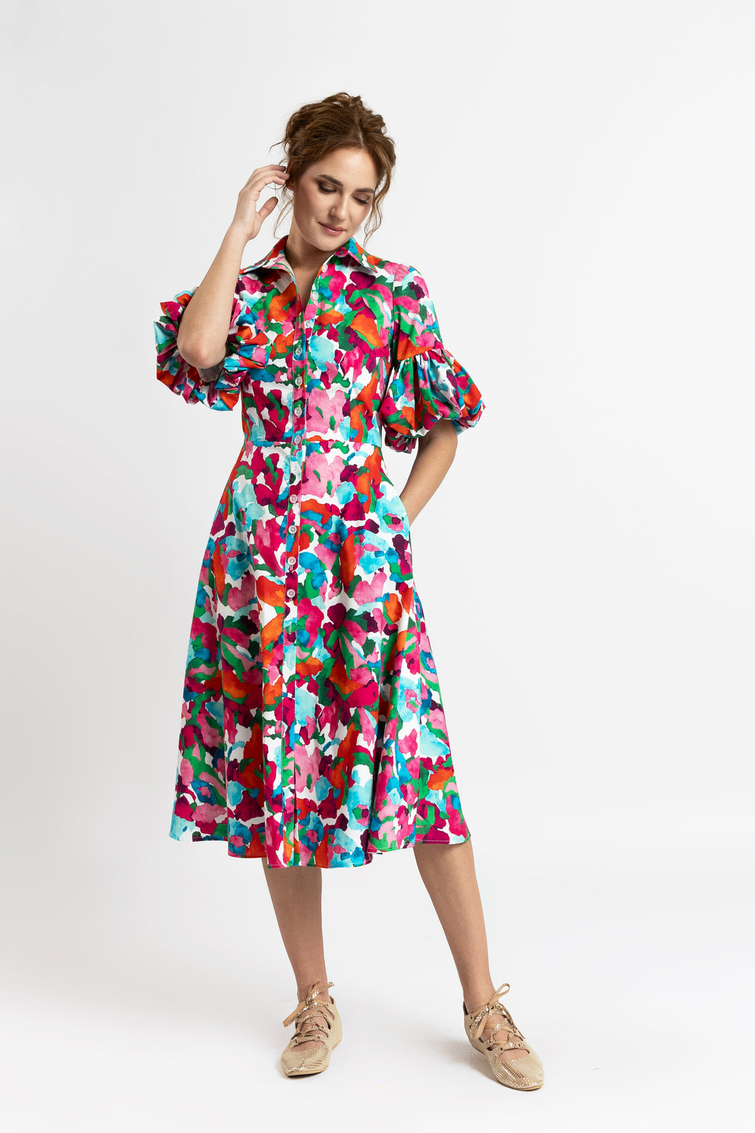 Incarca imaginea in galerie, Rochie midi cu imprimeu floral multicolor