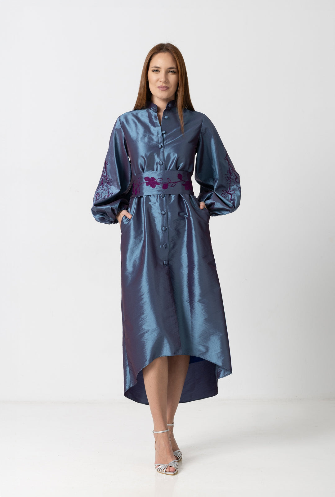 Incarca imaginea in galerie, Rochie asimetrică din tafta albastru metalizat cu brâu brodat